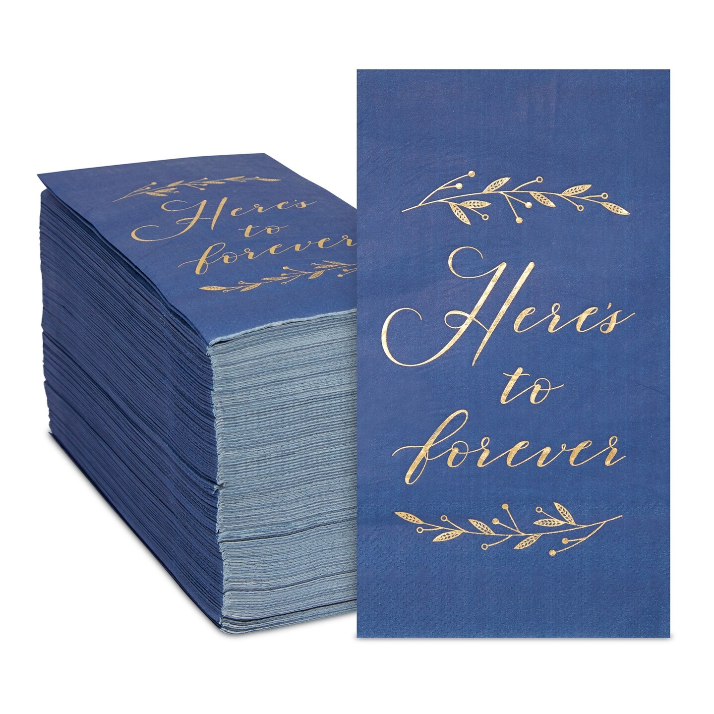 100 Pack Navy Blue Napkins for Wedding Reception with Gold Foil, Here&#x27;s To Forever (3-Ply, 4 x 8 In)