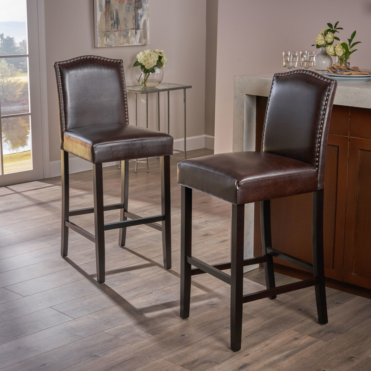 GDF Studio Marconi Darren Brown Leather Barstools (Set of 2)