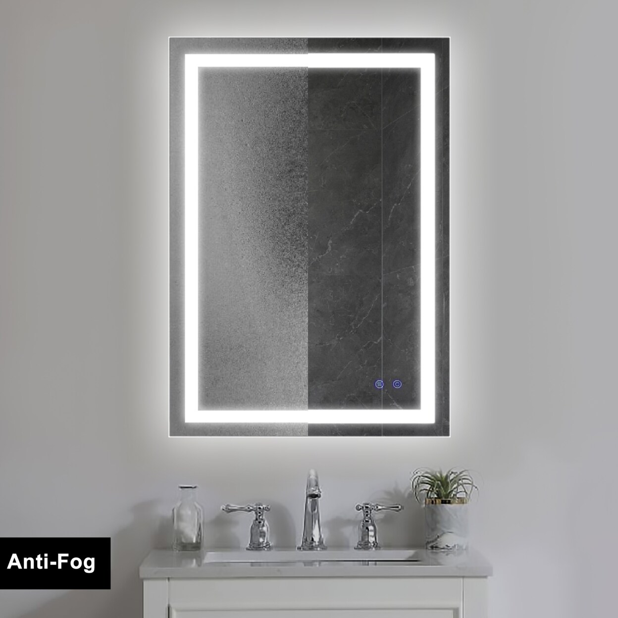 Saltoro Sherpi 24 x 36 Inch Frameless LED Illuminated Bathroom Wall Mirror, Touch Button Defogger, Rectangular, Metal, Silver-
