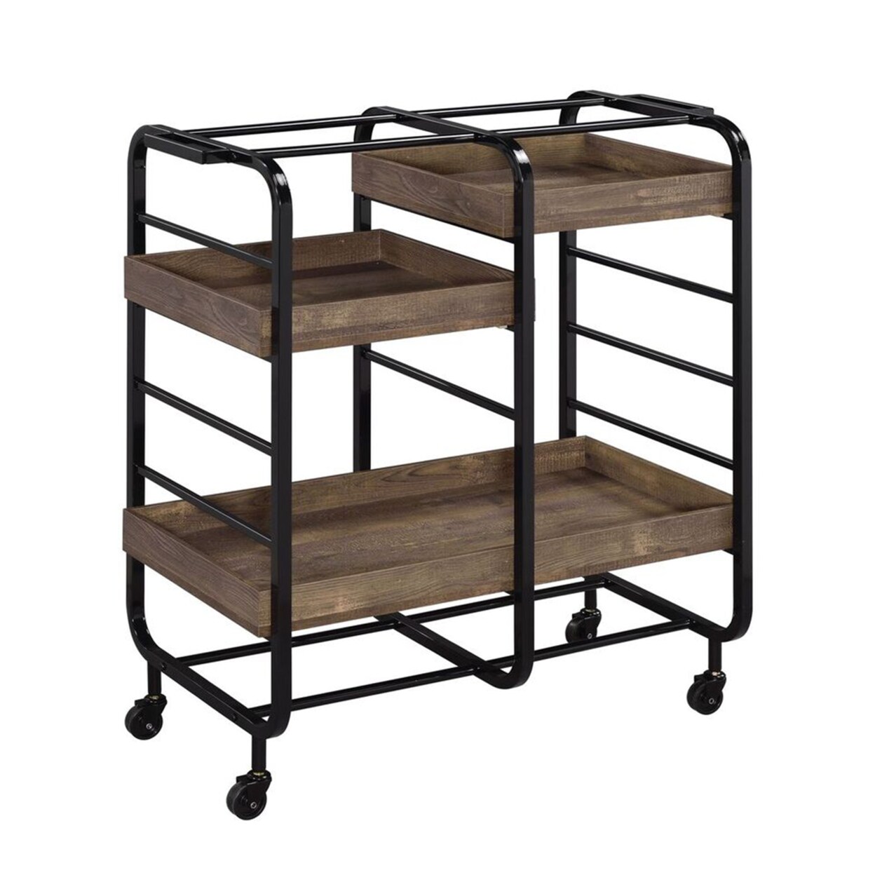 Saltoro Sherpi Metal Frame Serving Cart with 3 Open Storage and Casters, Brown and Black-