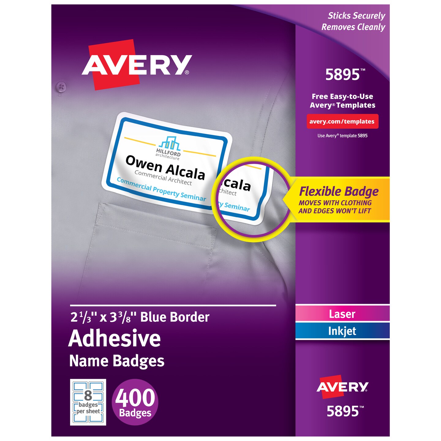 Avery Flexible Printable Name Tags, 2-1/3" x 3-3/8", White with Blue Border, 400 Removable Name Badges (05895)