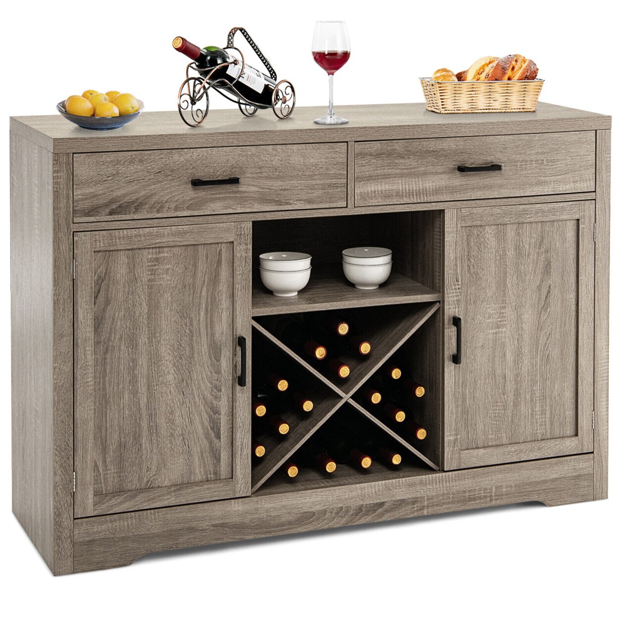 Gymax Kitchen Storage Buffet Cabinet Farmhouse Wooden Sideboard w/2 Drawer and Wine Rack