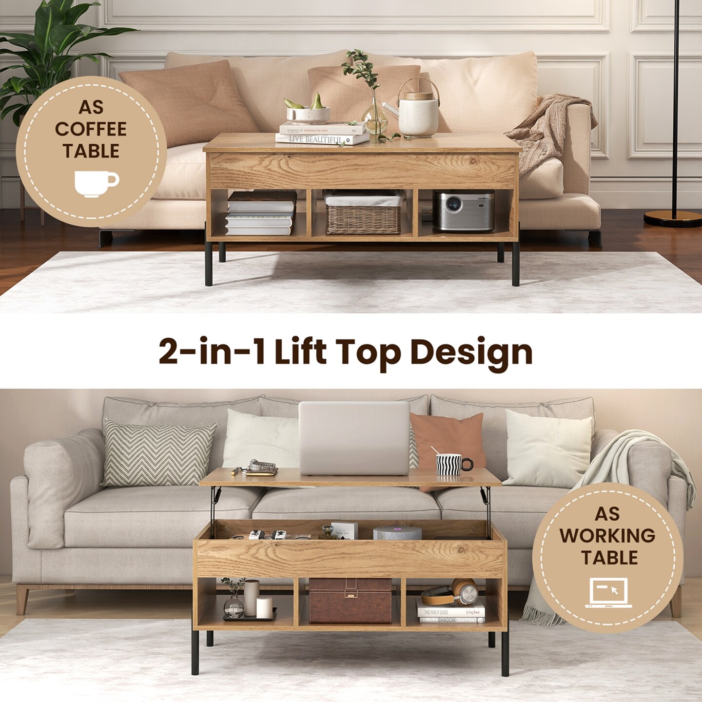 Costway Lift Top Coffee Table with Storage Compartment &#x26; 3 Open Cubbies for Living Room