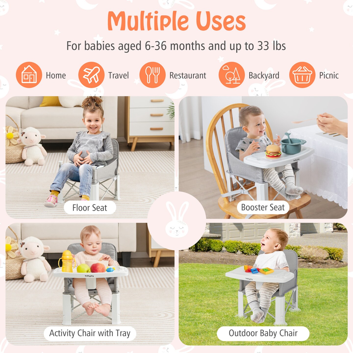 Babyjoy Baby Travel Booster Seat with Double Tray Portable Folding Toddler  Dining Chair