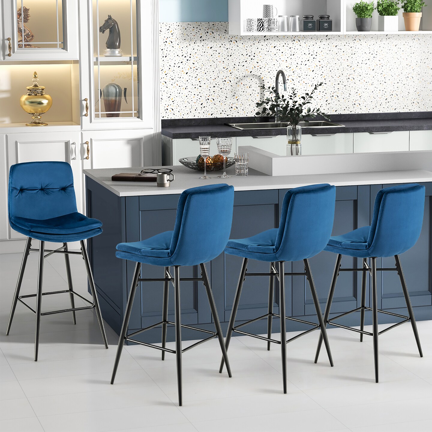 Costway Set of 2 Velvet Bar Stools Bar Height Kitchen Dining Chairs with Metal Legs Blue/Grey