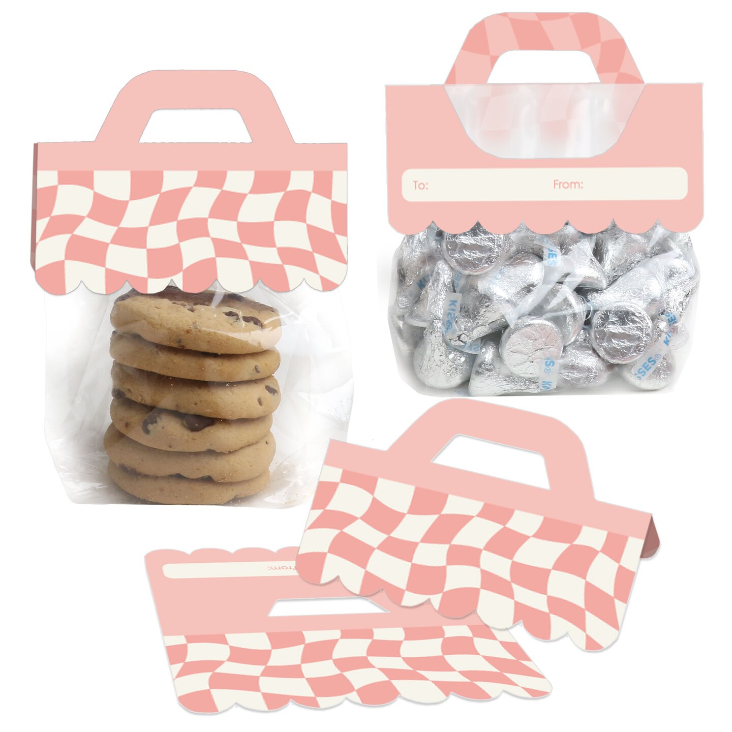 Big Dot of Happiness Pink Checkered Party - DIY Clear Goodie Favor Bag Labels - Candy Bags with Toppers - Set of 24
