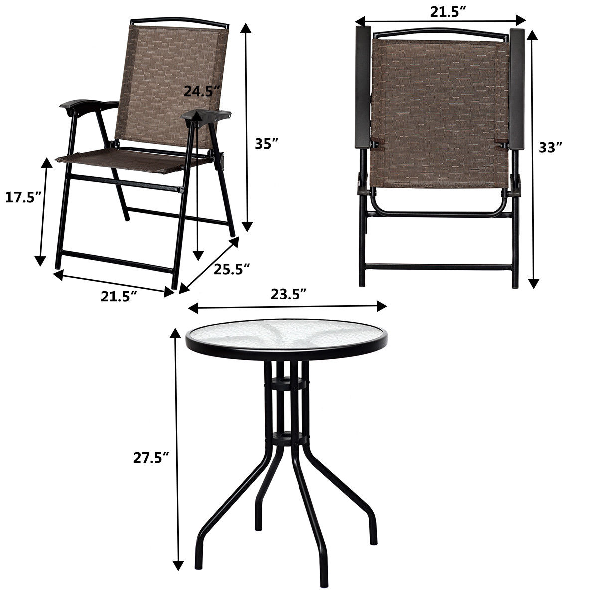 Costway 3PC Bistro Patio Garden Furniture Set 2 Folding Chairs Glass Table Top Steel