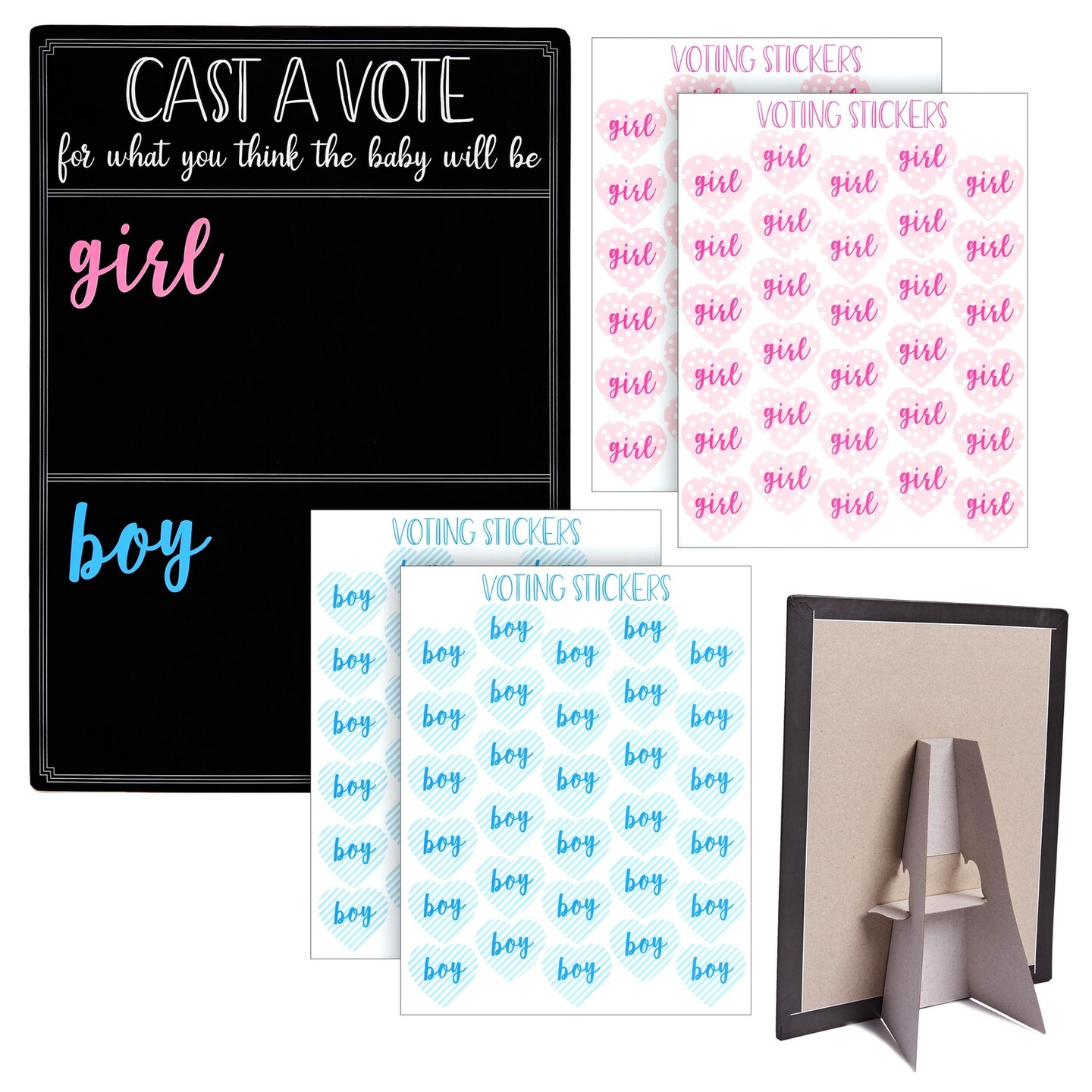 Gender Reveal Decorations for Baby Shower Games with 120 Girl or Boy Voting Stickers and Cast Your Vote Sign with Stand (Chalkboard Design, 12 x 17 In)