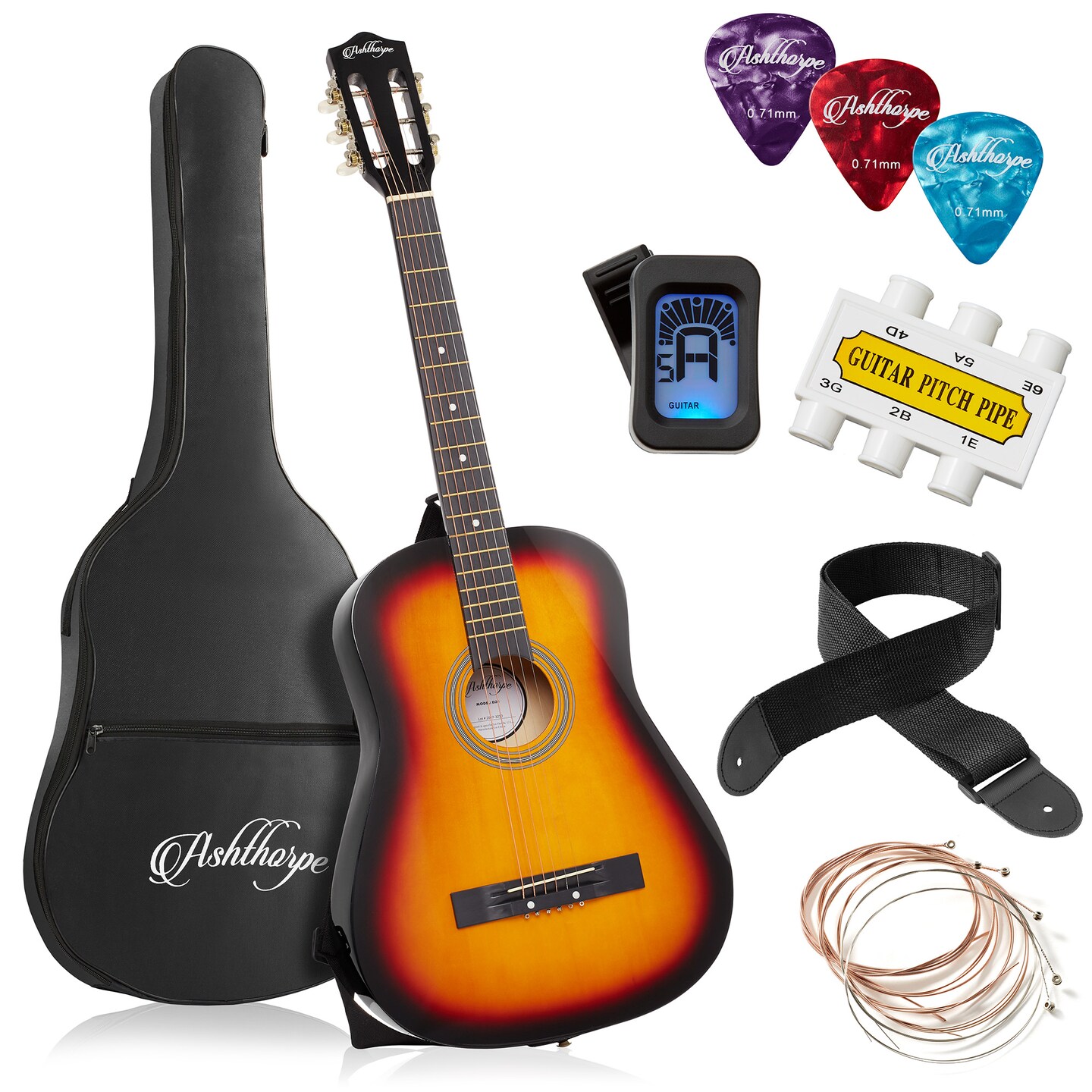 Ashthorpe Beginner Acoustic Guitar Package, Basic Starter Kit w/ Gig Bag, Strings, Strap, Tuner, Picks