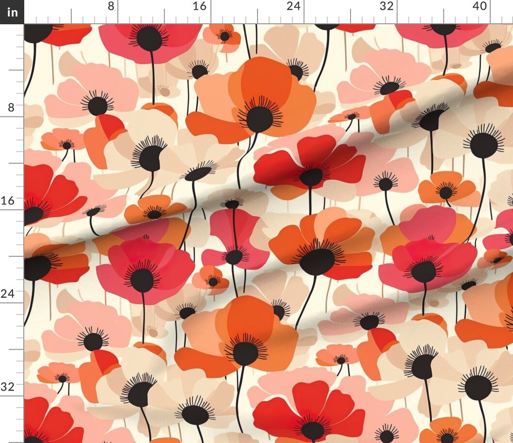 Flowers Modern Poppies Pinks Botanical Minimalist Finnish Floral Print Poppy Field Scandi Large Scale Retro Vintage Custom Printed Fabric by Spoonflower Various Fabrics by the Yard or Fat Quarter
