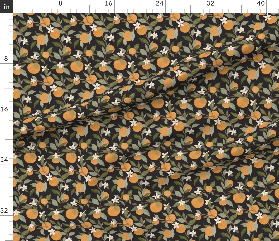 Oranges Citrus Fruit Botanical Leaves Dark Background Custom Printed Fabric by Spoonflower Various Fabrics by the Yard or Fat Quarter