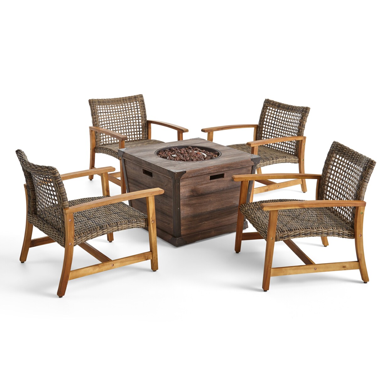 GDFStudio Levant Outdoor 4-Seater Wood and Wicker Club Chair Set with Fire Pit