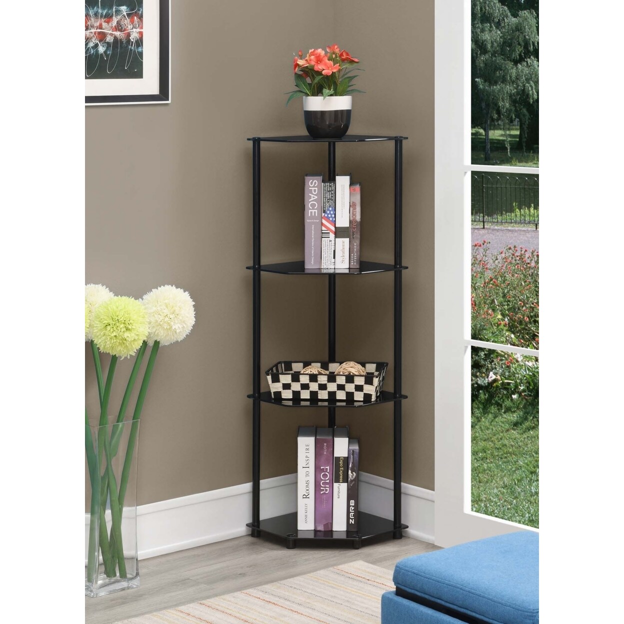 Convenience Concepts Designs2Go Classic Glass 4 Tier Corner Shelf, Black Glass