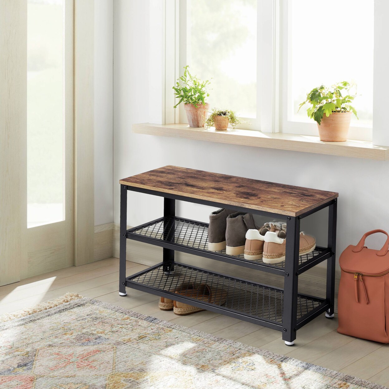 Saltoro Sherpi 29 Inch Industrial Metal Frame Shoe Rack, Wood Top Shelf, 2 Mesh Shelves, Black, Rustic Brown-