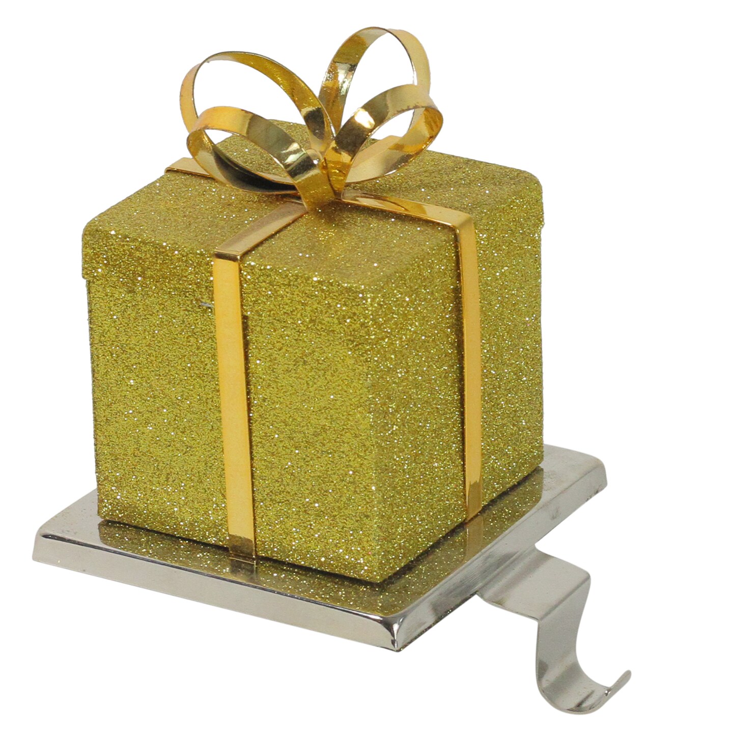 Northlight 5.5&#x22; Glitter Gold and Silver Gift Box Metal Christmas Stocking Holder