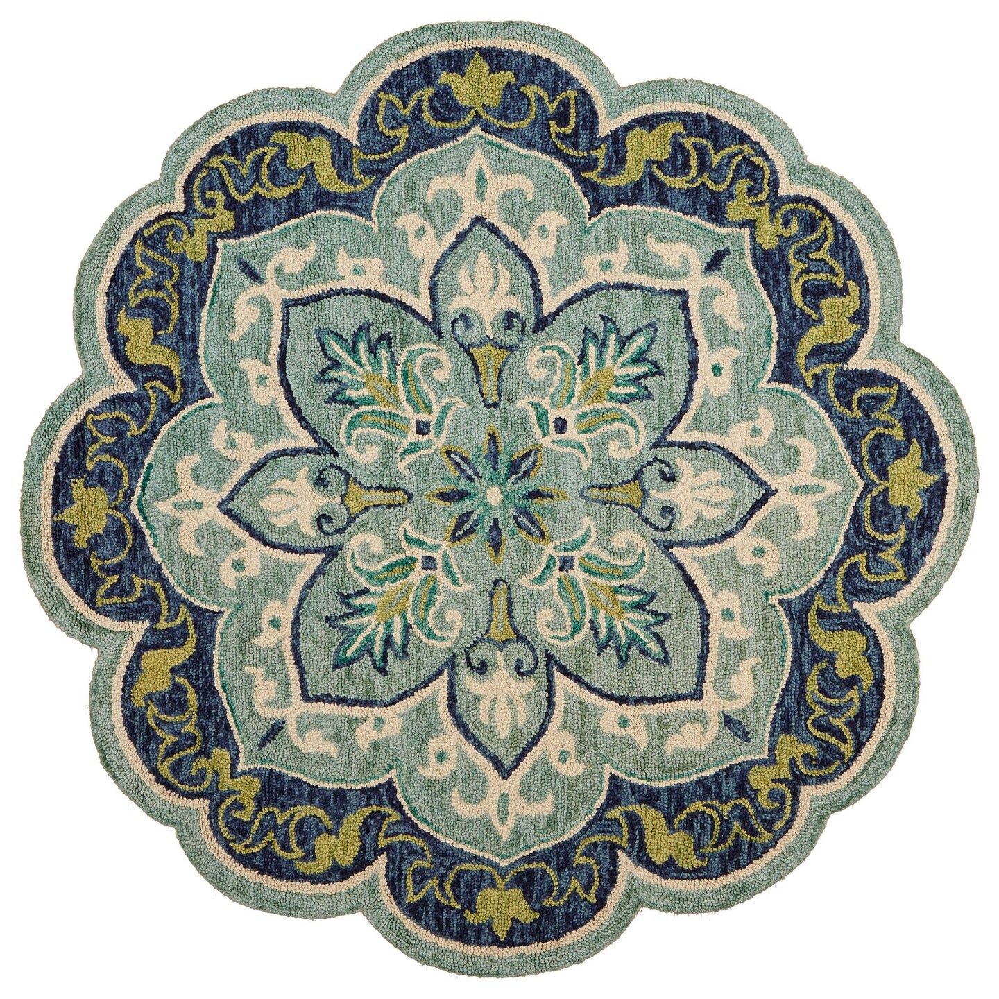 Laddha Home Designs 6&#x27; Blue and Green Floral Medallion Hand Tufted Wool Area Throw Rug