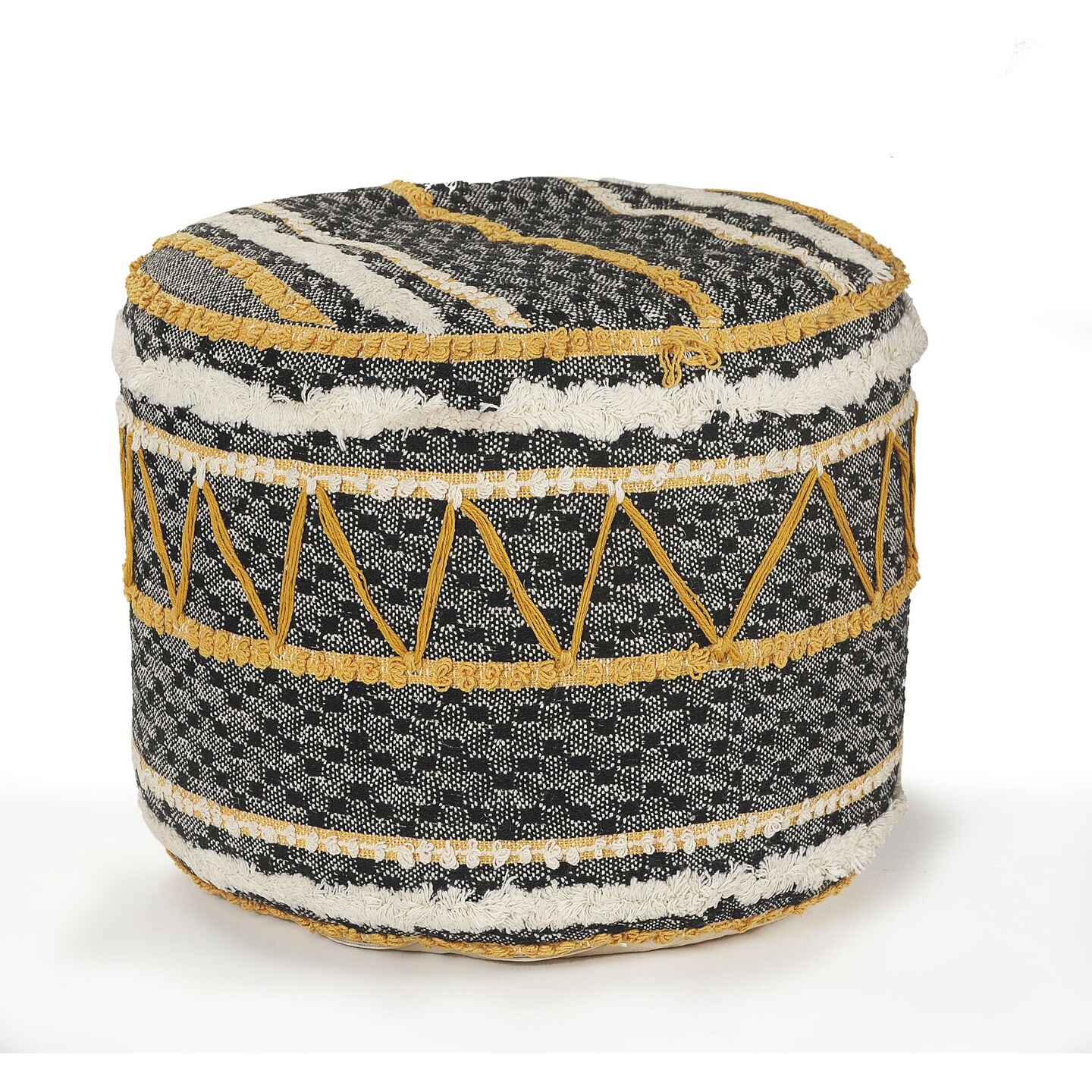 Laddha Home Designs 18&#x22; Black and Yellow Geometric Tufted Round Pouf Ottoman