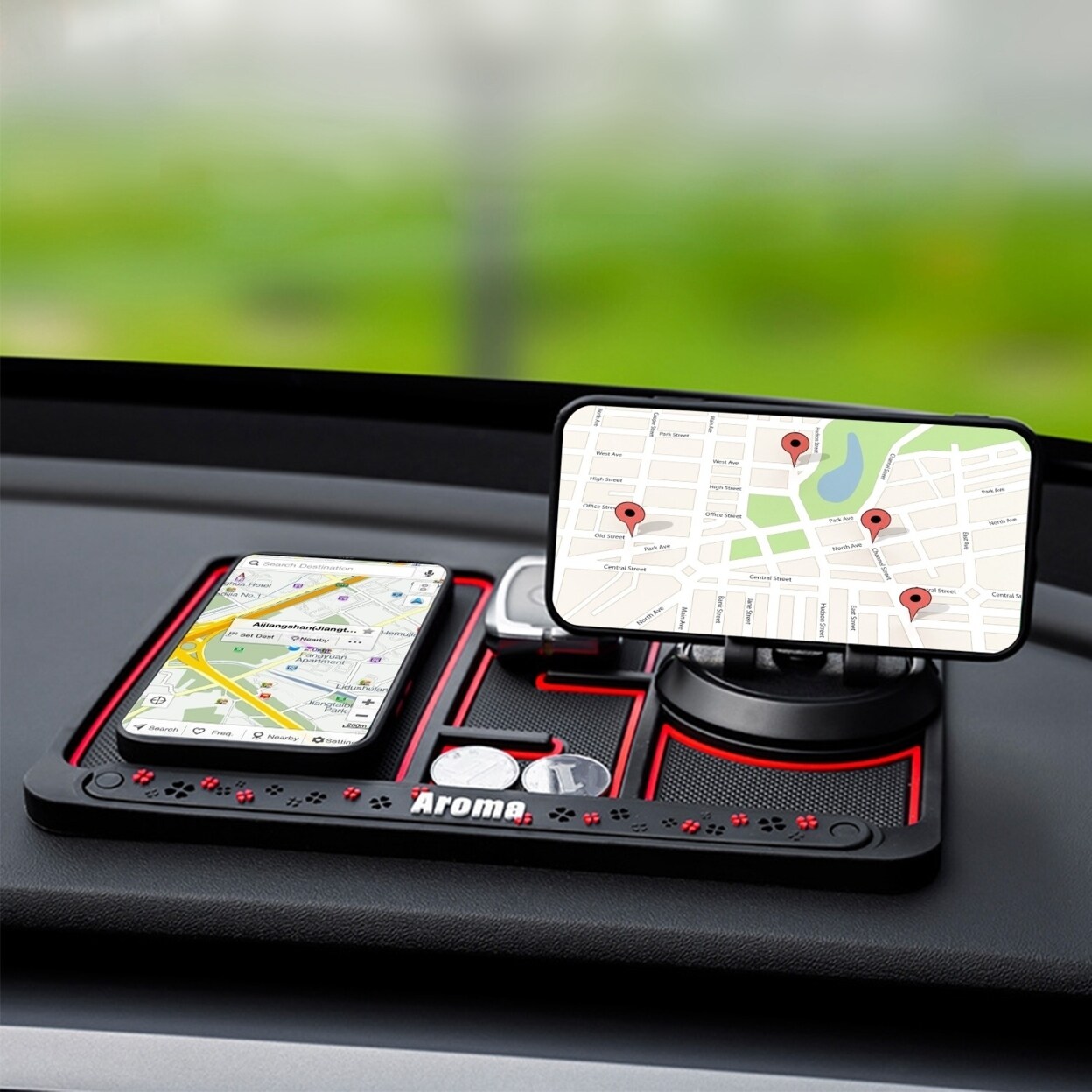 Non Slip Phone Mat For Car ,4-in-1 Multifunction Phone Pad Non Slip  Dashboard Mat Universal 360 Degrees Rotating Phone Holder Mat For Car (red)