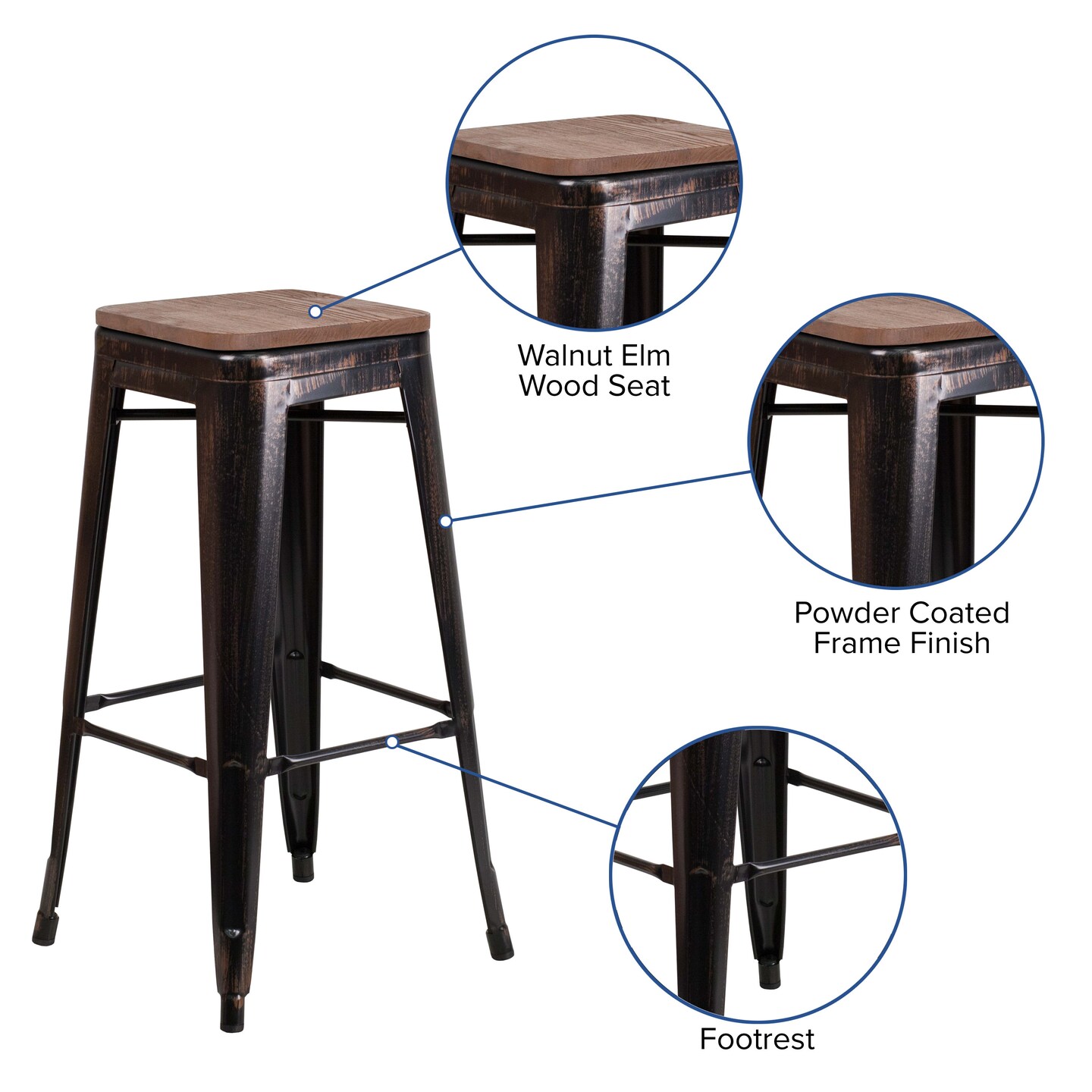 Merrick Lane Dalton Series Backless Metal Dining Stool with Wooden Seat for Indoor Use