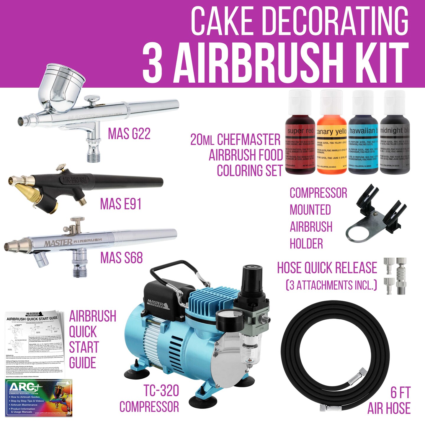 Cool Runner II Dual Fan Air Compressor Cake Decorating System Kit with 3 Airbrushes, Gravity and