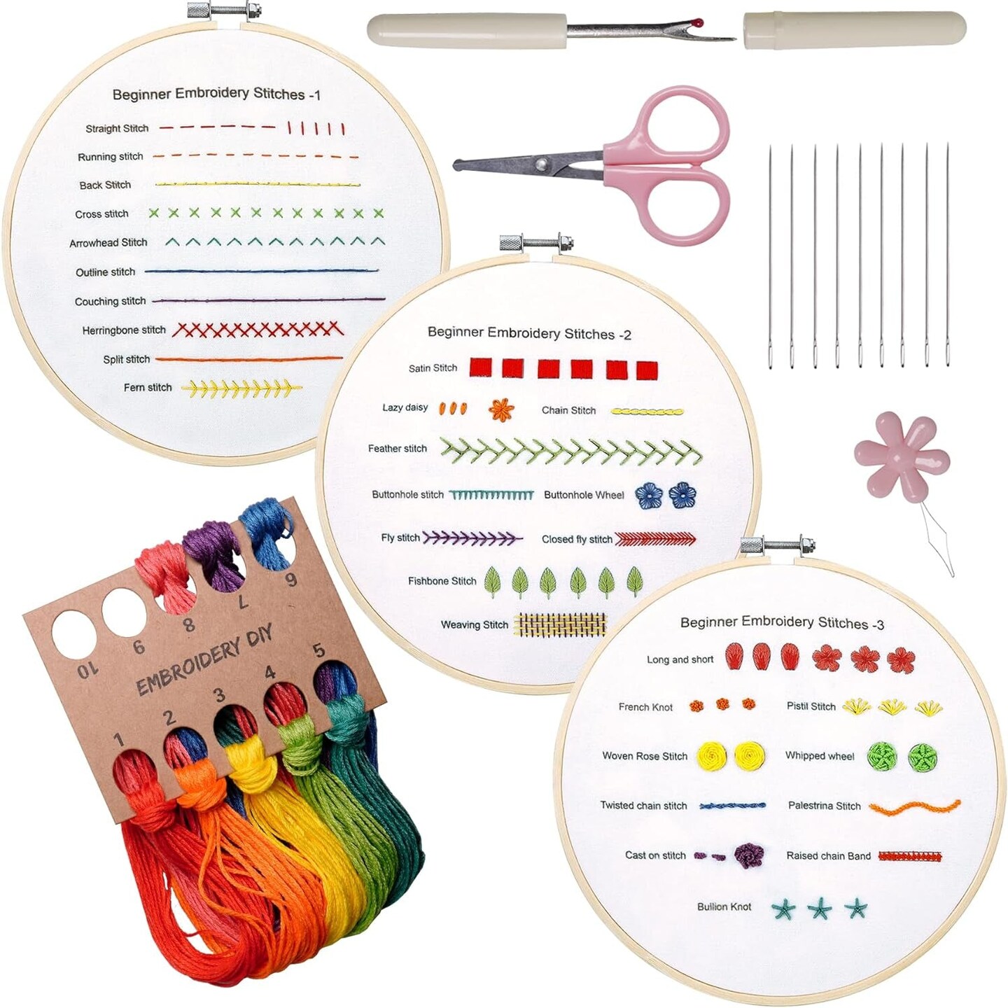 Embroidery Kit for Beginners, 3 Sets Embroidery Kit for Craft Lover Handy Stitch with Embroidery Fabric with Pattern,Full Range Accessories (Cats)
