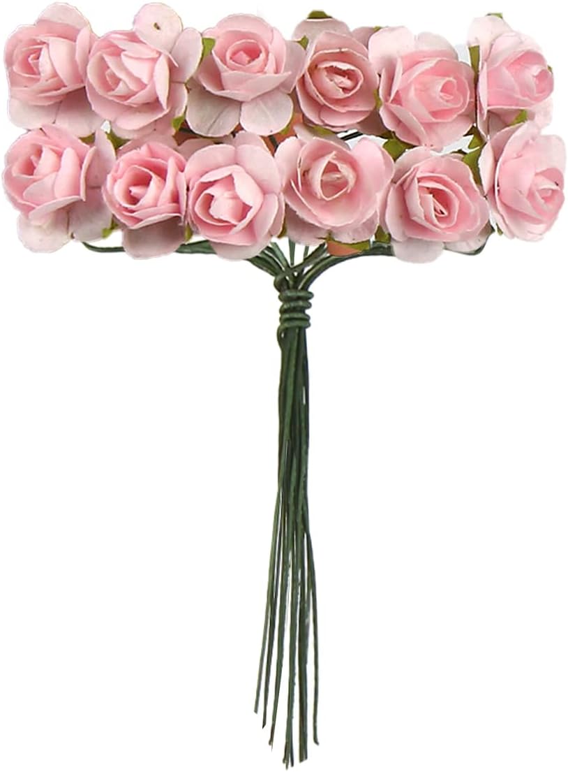 120 pcs Mini Paper Flowers,Mulberry Paper 1/2&#x22; Artificial Rose Flower with Stem for DIY Crafts Projects Scrapbooking Wedding Decorations (Pink)