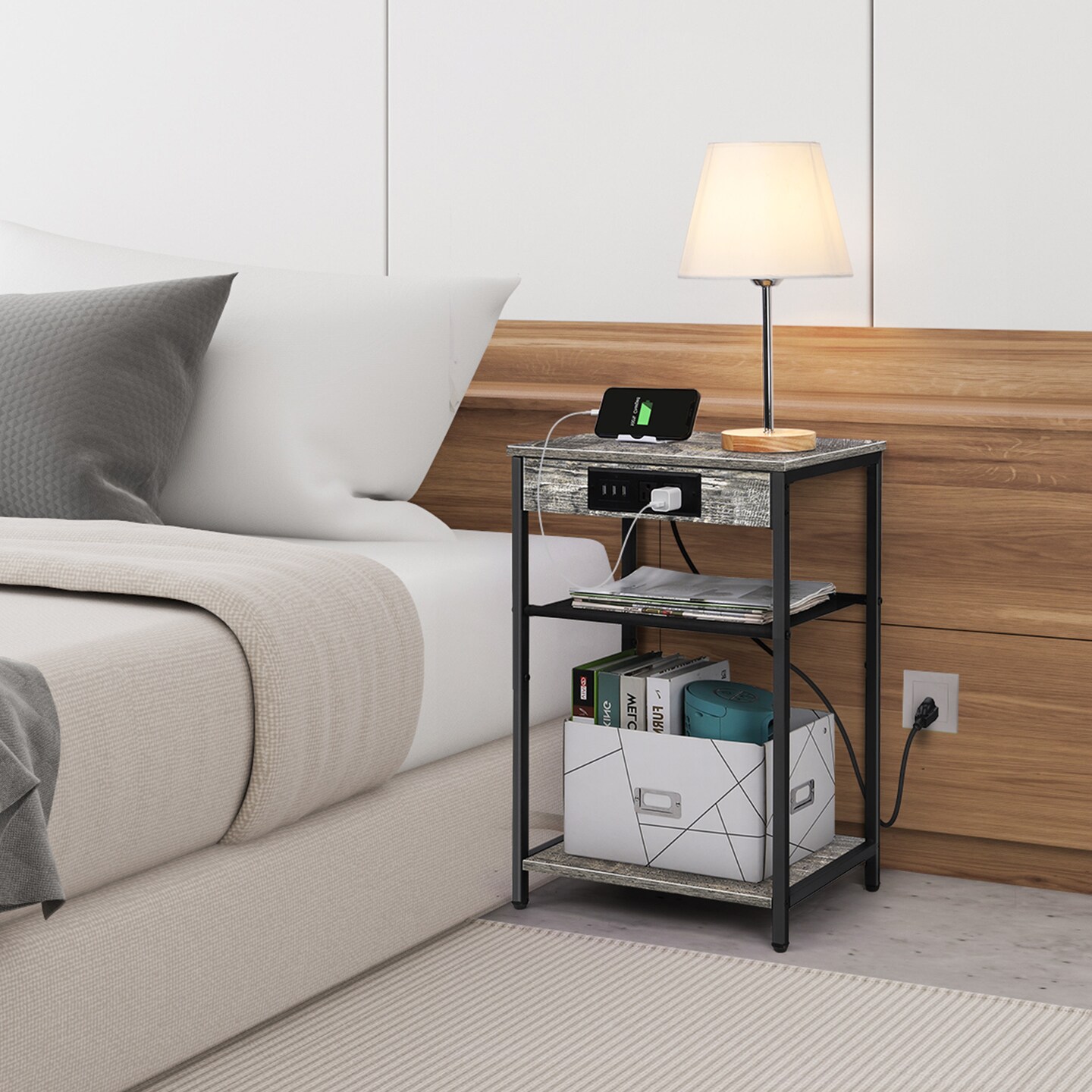 Set of 2 Nightstand with Charging Station