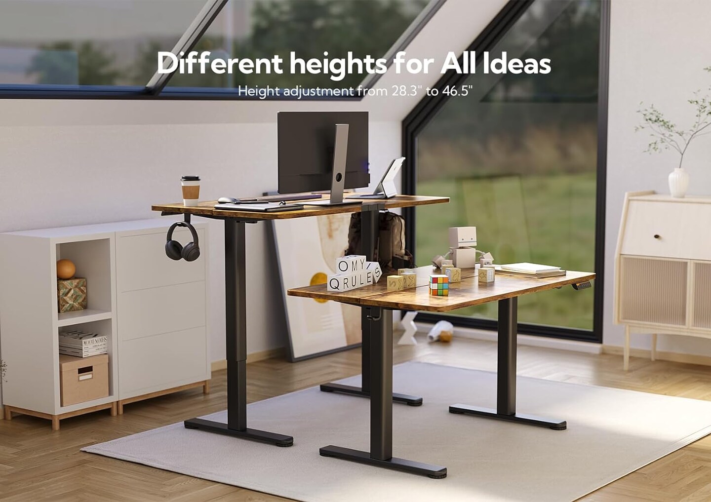 Electric Standing Desk, Adjustable Height Stand up Desk, 48x24 Inches Sit Stand Home Office Desk with Splice Board, Black Frame/Rustic Brown Top