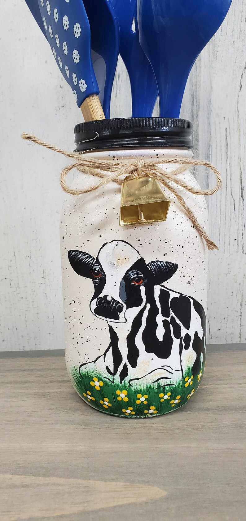 Mason jar utensil holder, cow decor, farmhouse decor, kitchen utensil  holder, country decor, black and white cow decor MakerPlace by Michaels