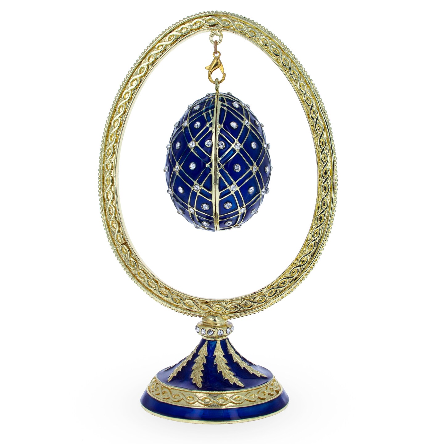 Blue Enamel Jeweled Easter Egg in the Egg Shaped Display Holder Figurine