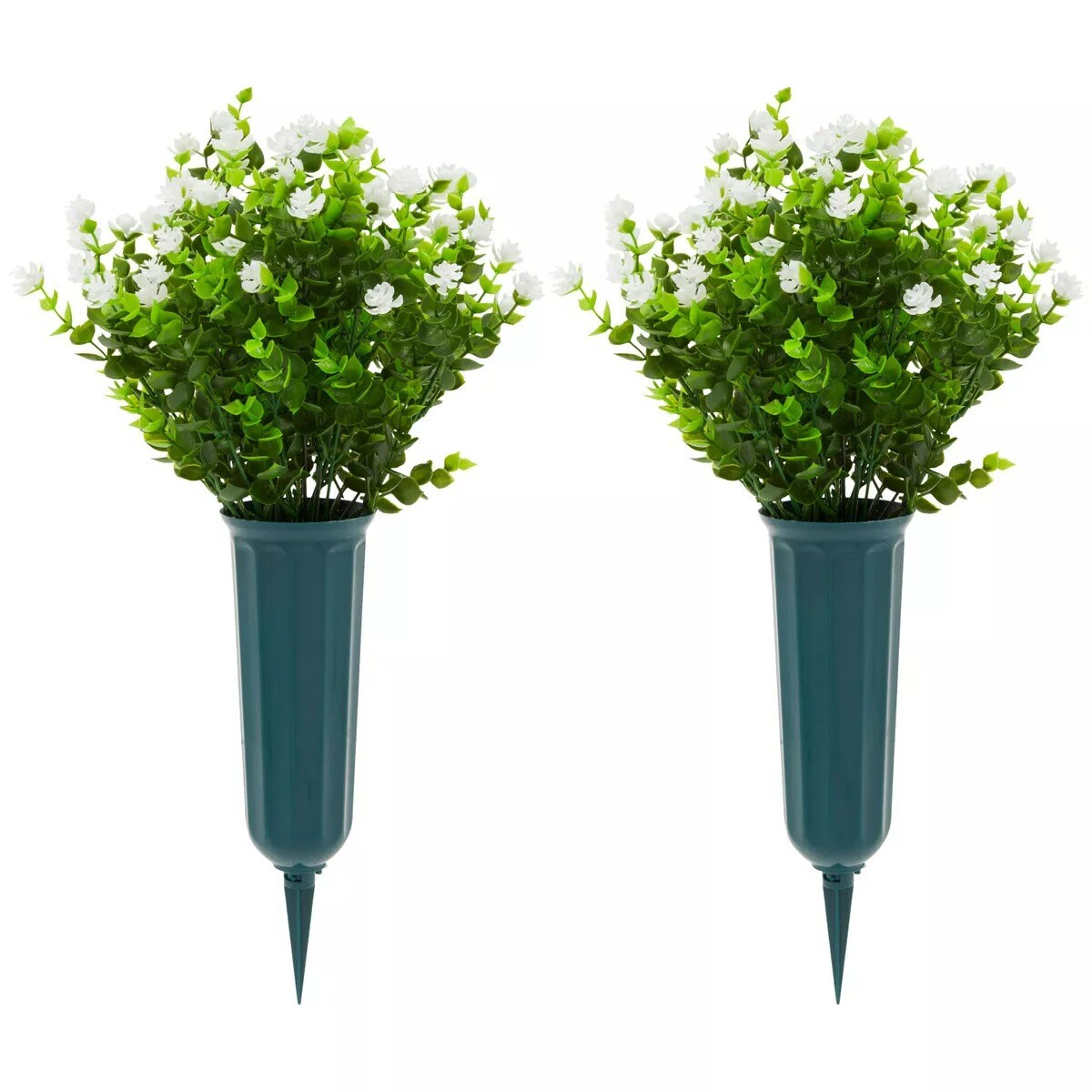 6x Artificial Fake White Flowers Bundle w/ 2 Cone Vase for Outdoor Decor 8.6x13&#x22;
