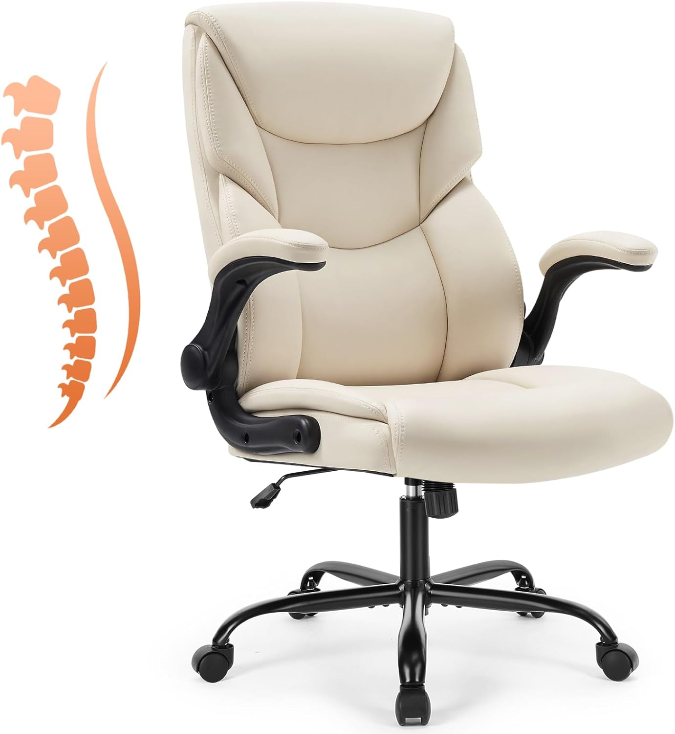 Computer Gaming Chair, Ergonomic Office Chair High Back Heavy Duty Task Desk Chair with Flip-up Arms, PU Leather, Adjustable Swivel Rolling Chair with Wheels, Cream