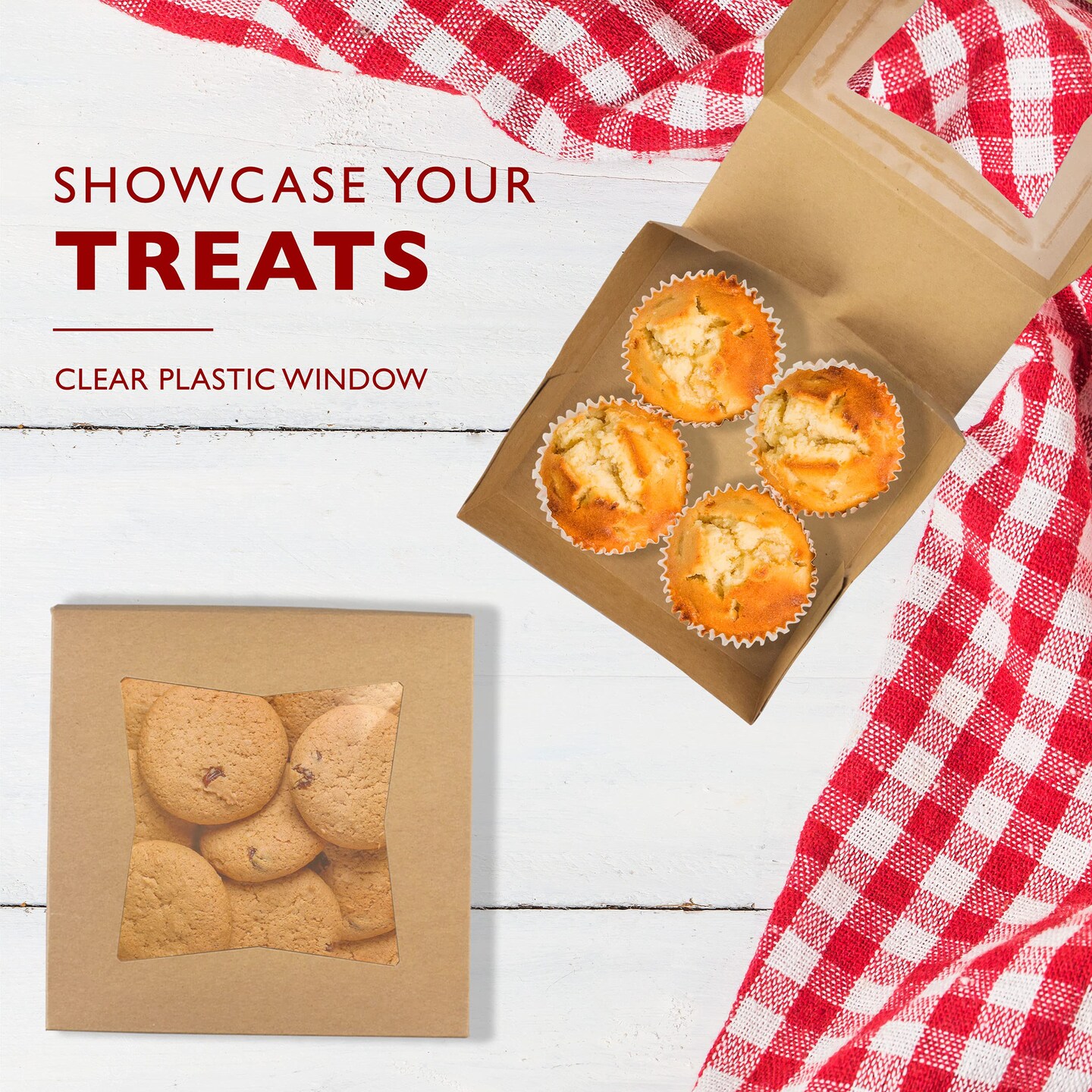 25 Pieces Bakery Boxes with Window 6x6x3 Kraft Cake Box Cardboard Bakery Packaging for Cupcake, Cookies and Pastry, Auto-Popup Treat Box Charcuterie Box for Valentine&#x27;s Day, Christmas