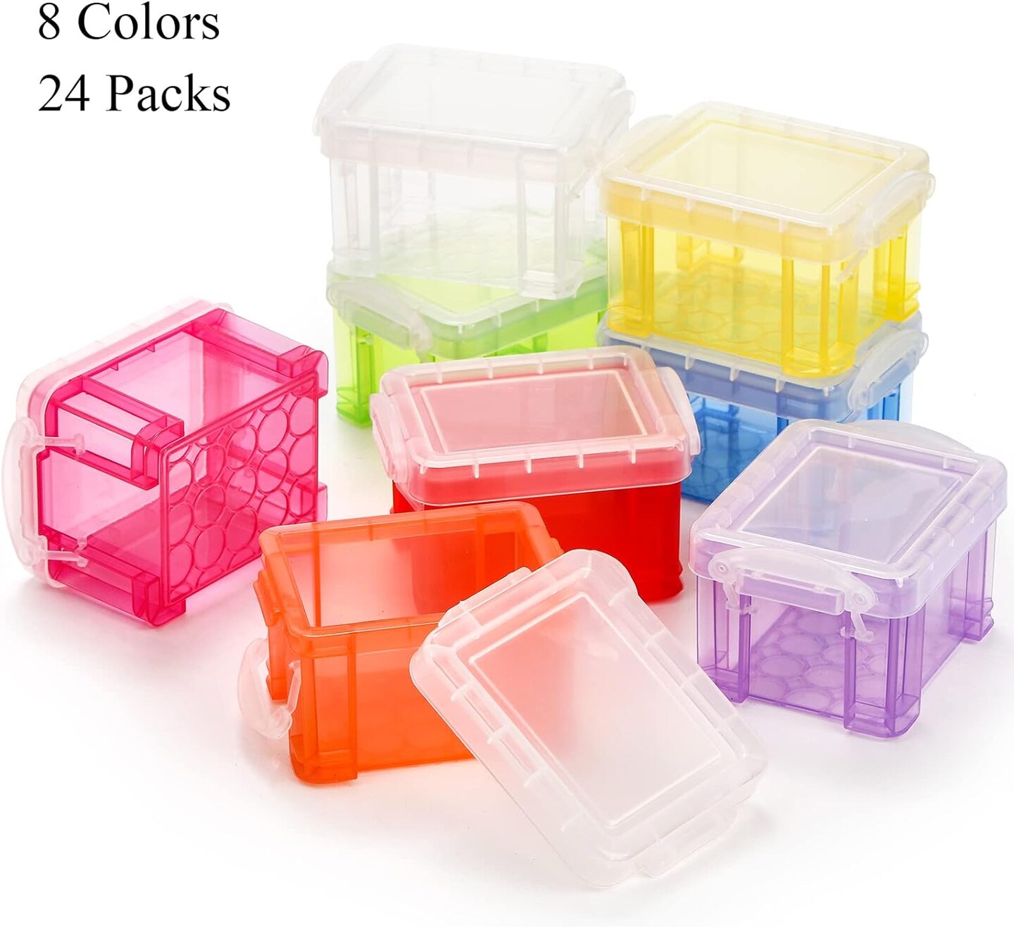 24 Pack Mini Plastic Storage Bins with Lid, 3.3"×2.6"×2" Clear Latch Small Storage Box, Stackable Organizer Container for Crafts, Jewelry Beads, Office Supplies, 8 Colors
