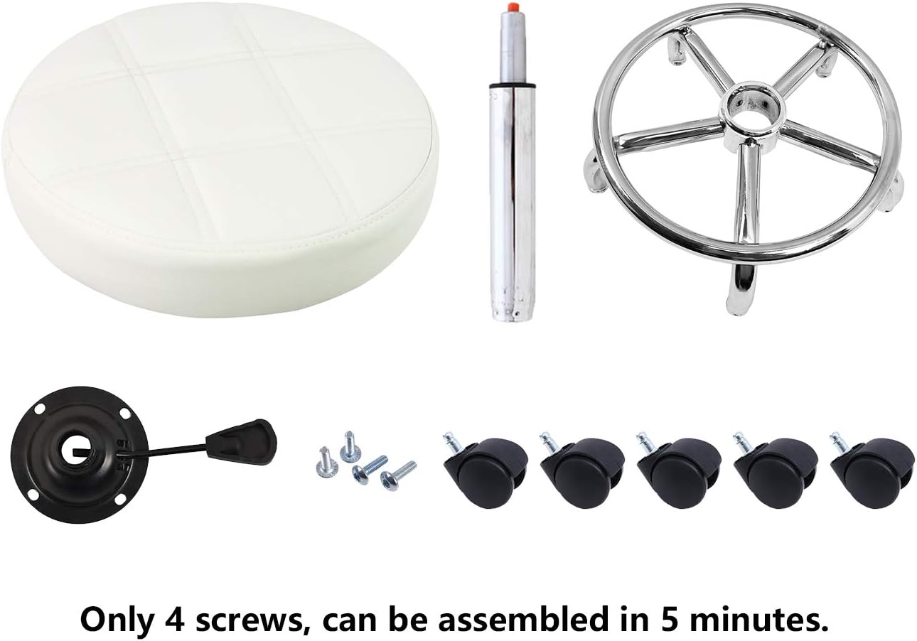 Round Rolling Stool Chair PU Leather Height Adjustable Swivel Drafting Work SPA Shop Salon Stools with Wheels Office Chair Small (White)