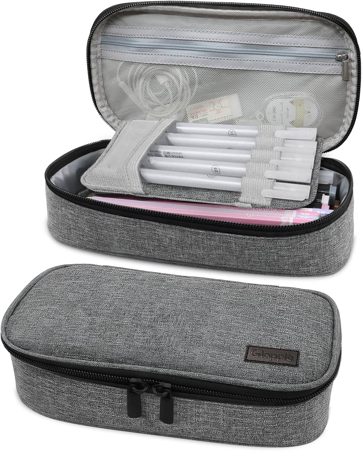 Pencil Case Dual Zipper Pencil Pouch Pen Box, School Supplies for Boys Adults, Grey