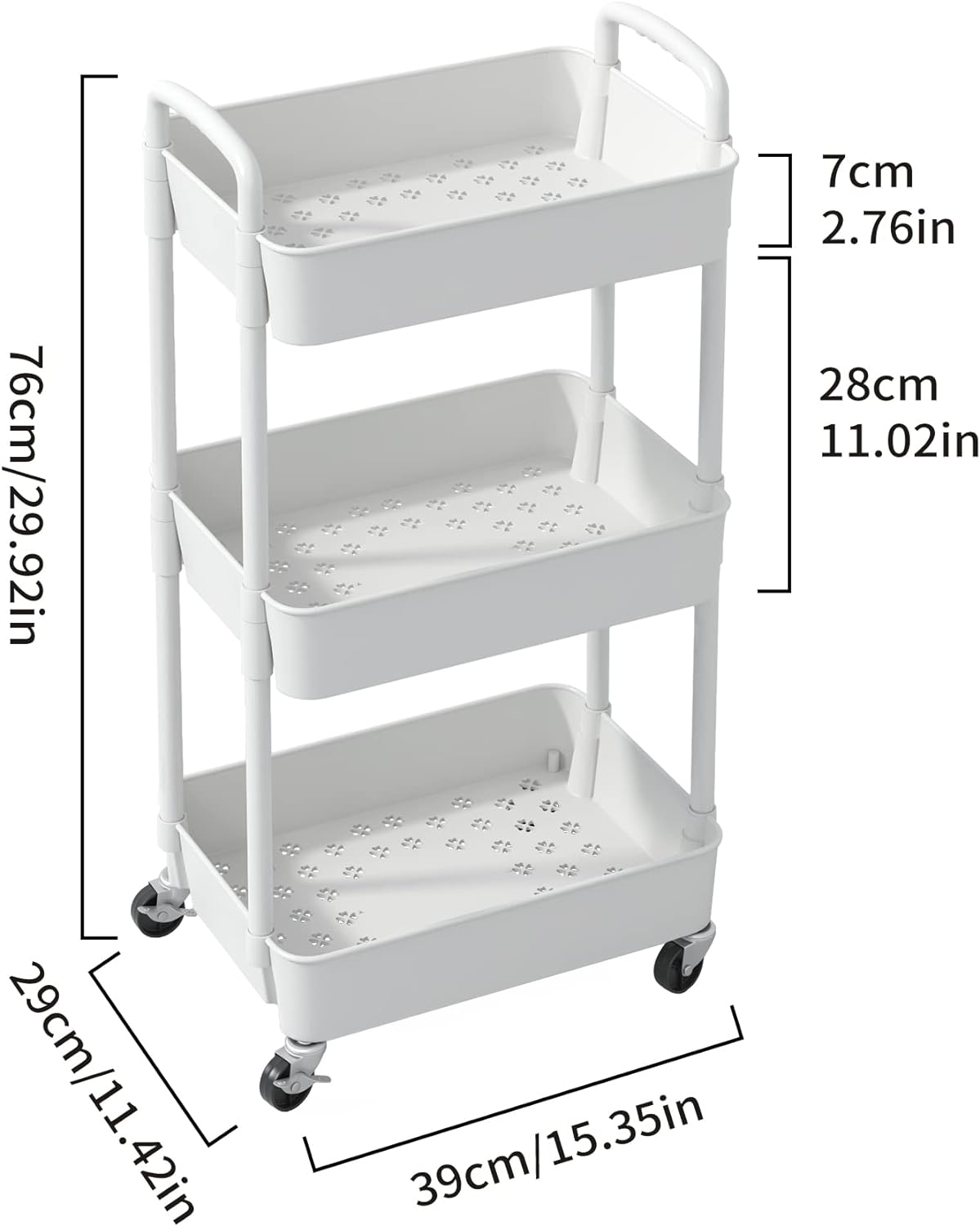 3-Tier Plastic Rolling Utility Cart with Handle, Multi-Functional Storage Trolley for Office, Living Room, Kitchen, Movable Storage Organizer with Wheels, White
