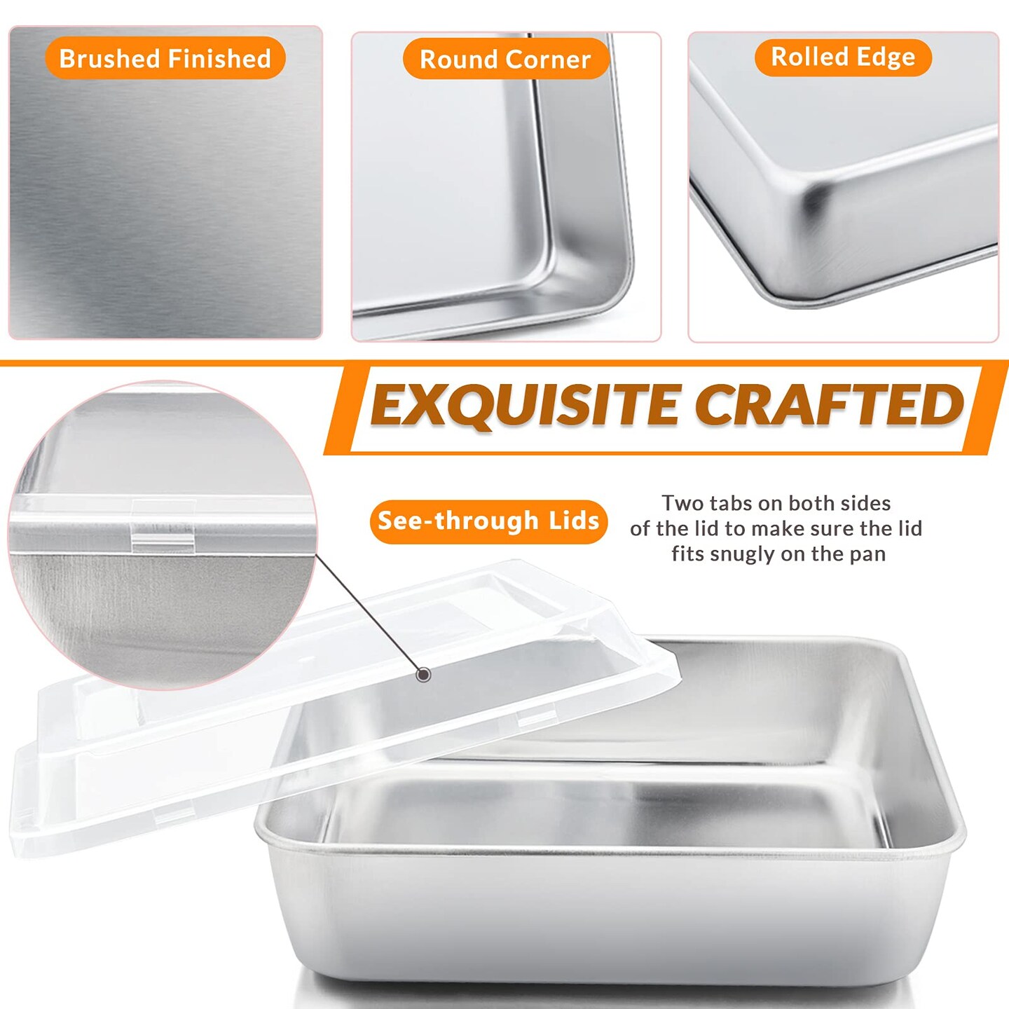 4 Pieces 8 x 8-Inch Baking Pan with lid, Square Cake Brownie Baking Pans Stainless Steel Bakeware Set of 2, Non-toxic &#x26; Healthy, Easy Clean &#x26; Dishwasher Safe - (2 Pans + 2 Lids)