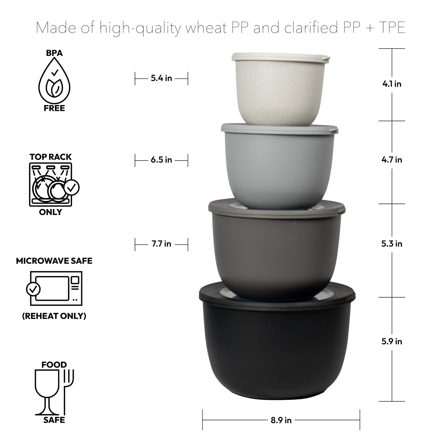 4 Pieces by TarHong Stackable Mixing Bowl Set with Lids for Mixing and Kitchen Storage,  Assorted colors of Cream,Taupe, Gray and Black