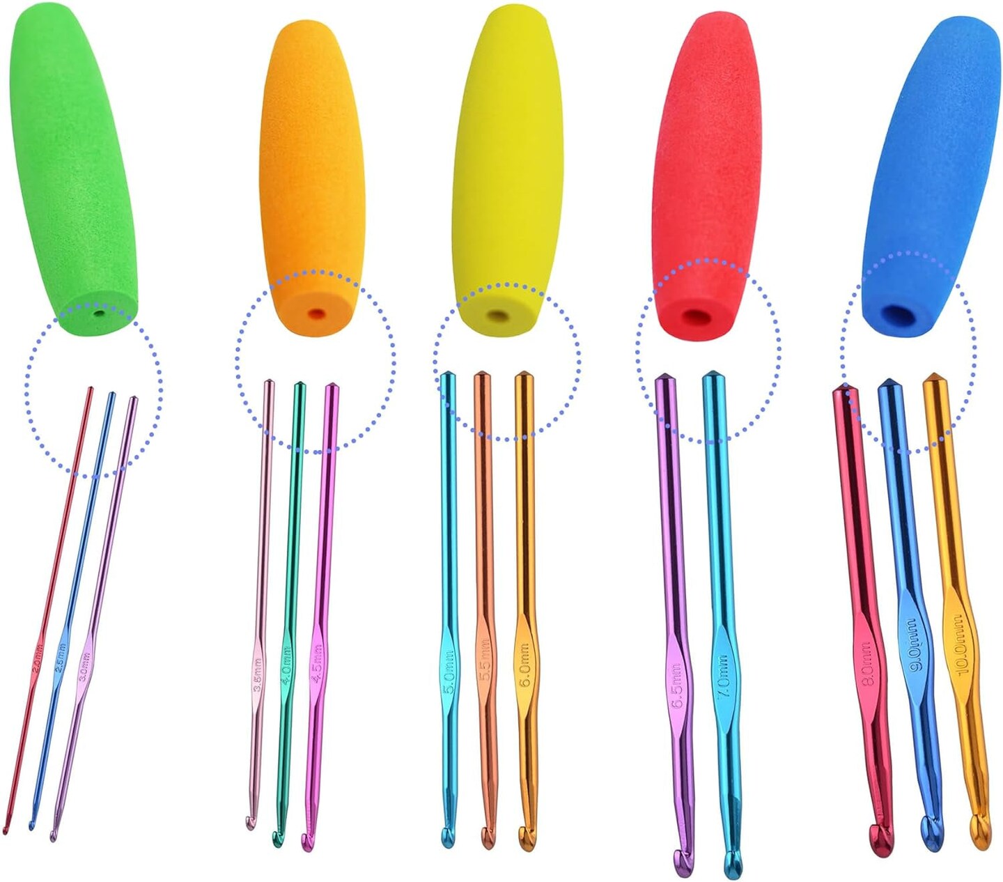 5PCS Crochet Hook Grips Set Ergonomic Crochet Hook Handle Multi-Size Ergonomic Crochet Hook Handle Attachment - Fits 2Mm to 10Mm Hooks