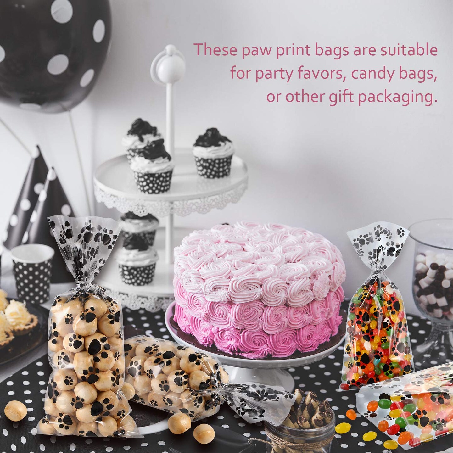 200 Pieces  Pet Paw Print Cellophane Bags Dog Party Favor Bags Heat Sealable Treat Bags Dog Paw Gift Bags Cat Candy Bags with 200 Pieces Silver Twist Ties for Pet Treat Party Favor (Black)