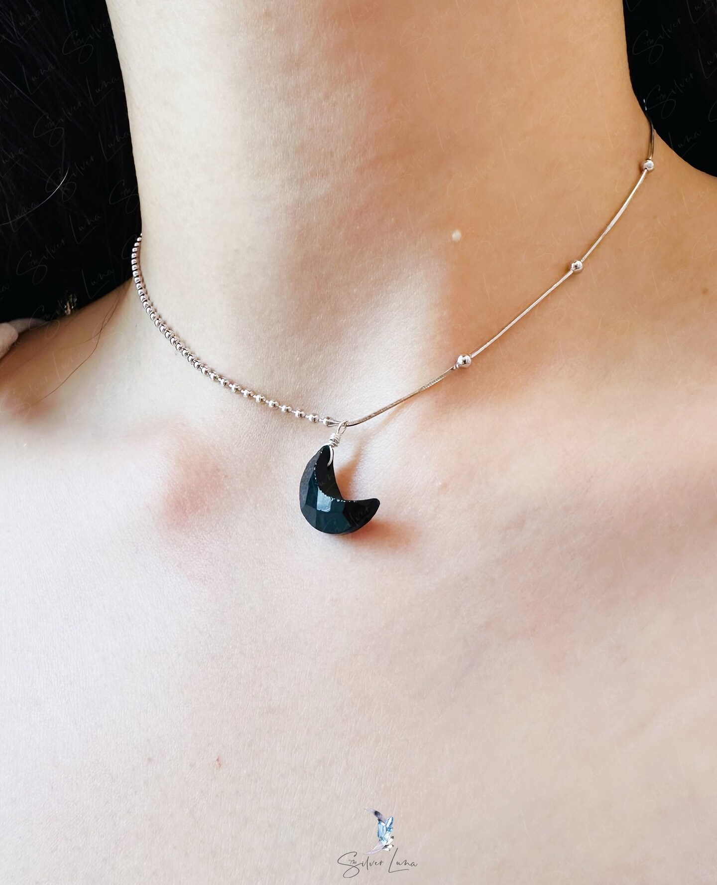 Black onyx natural stone crescent moon pendant sterling silver