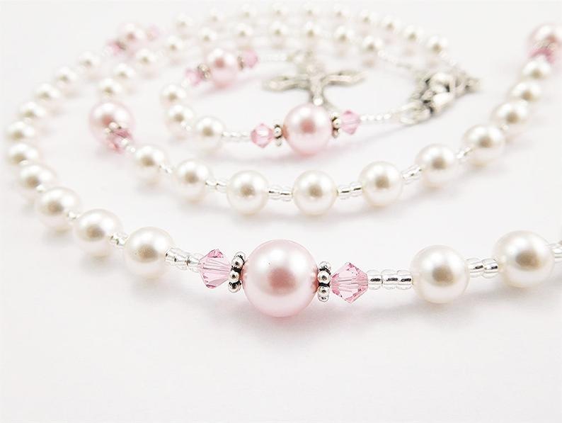 Baby Girl's Soft Pink & White Crystal Catholic Rosary | Rosary for Baptism, First Communion 2024 or Confirmation