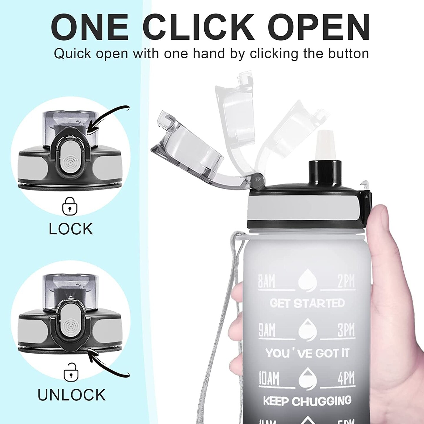 32 Oz Water Bottle, Leakproof BPA &#x26; Toxic Free, Motivational Water Bottle with Times to Drink and Straw, Fitness Sports Water Bottle with Strap for Office, Gym, Outdoor Sports, Gray-Black