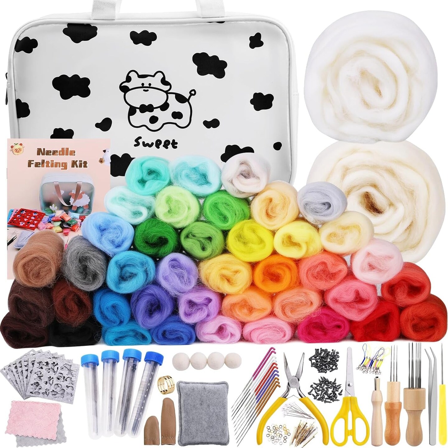 Needle Felting Kit,12 Pieces Doll Making Wool Needle Felting Starter Kit with Instruction,Felting Foam Mat and DIY Needle Felting Supply for DIY Craft Animal Home Decoration Birthday Gift