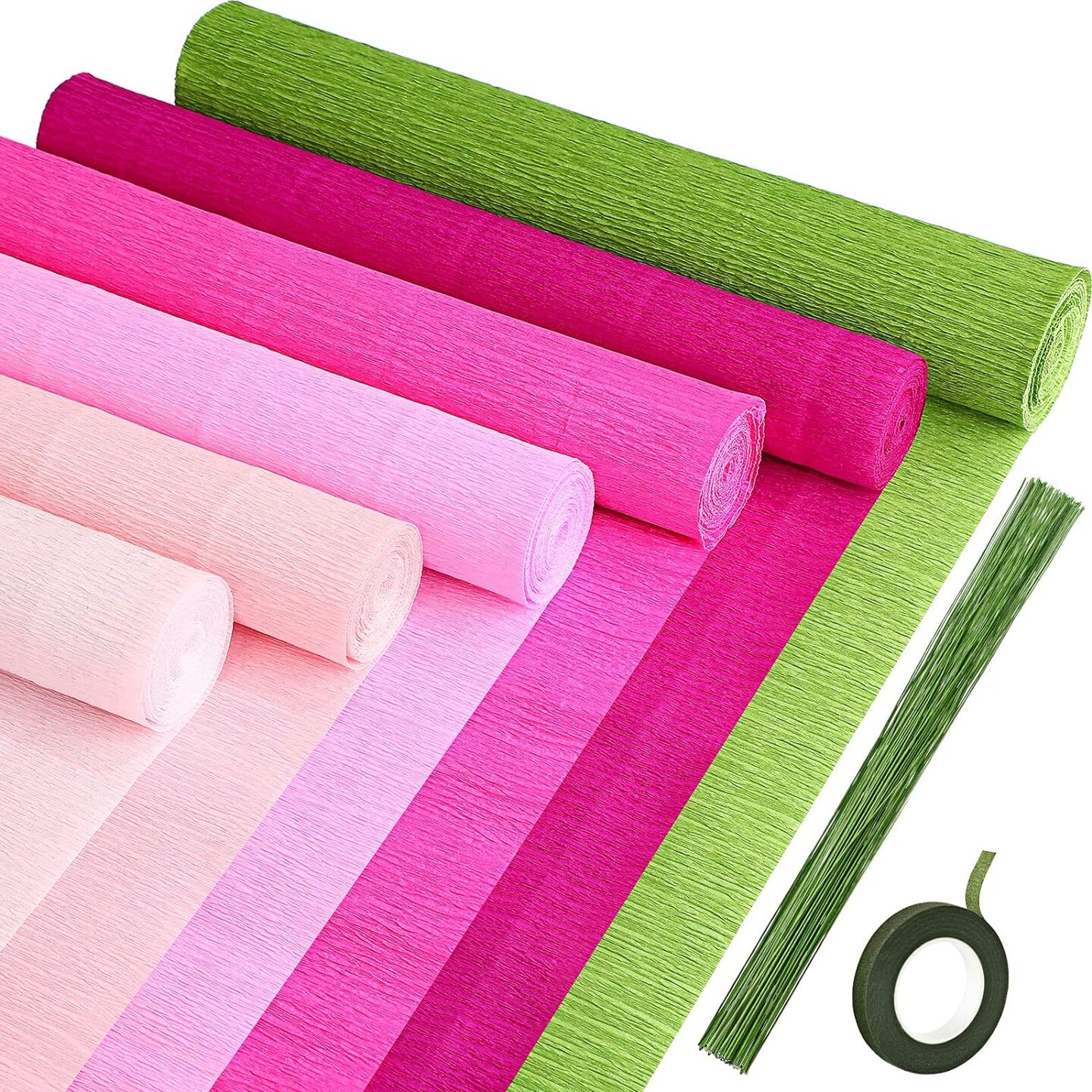 57 Pieces Crepe Paper Flower DIY Kits 6 Rolls 35g Crepe Paper Rolls 50 Pcs Floral Iron Wire 1 Roll 50 Meter for Birthday Party Wedding (Pink Series, Green)