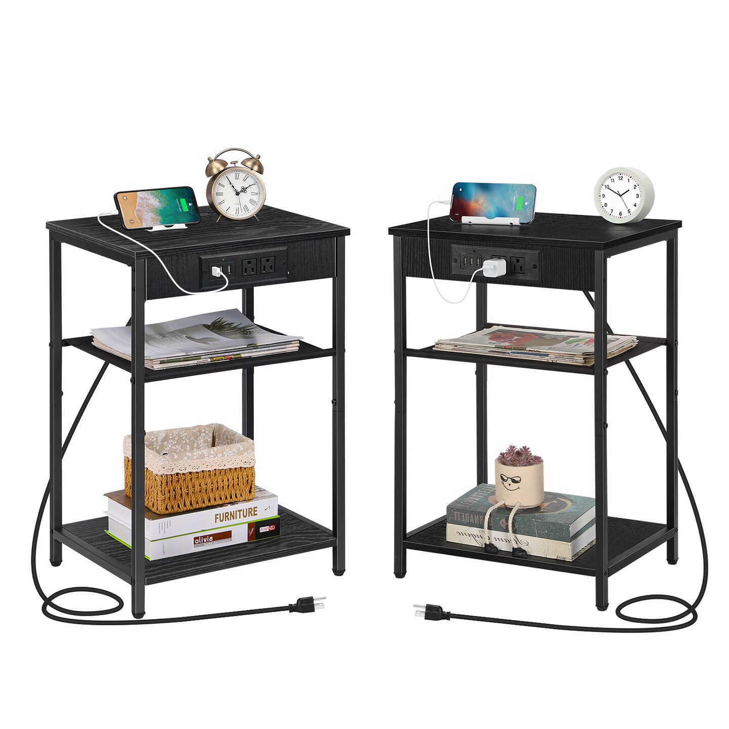 Set of 2 Nightstand with Charging Station