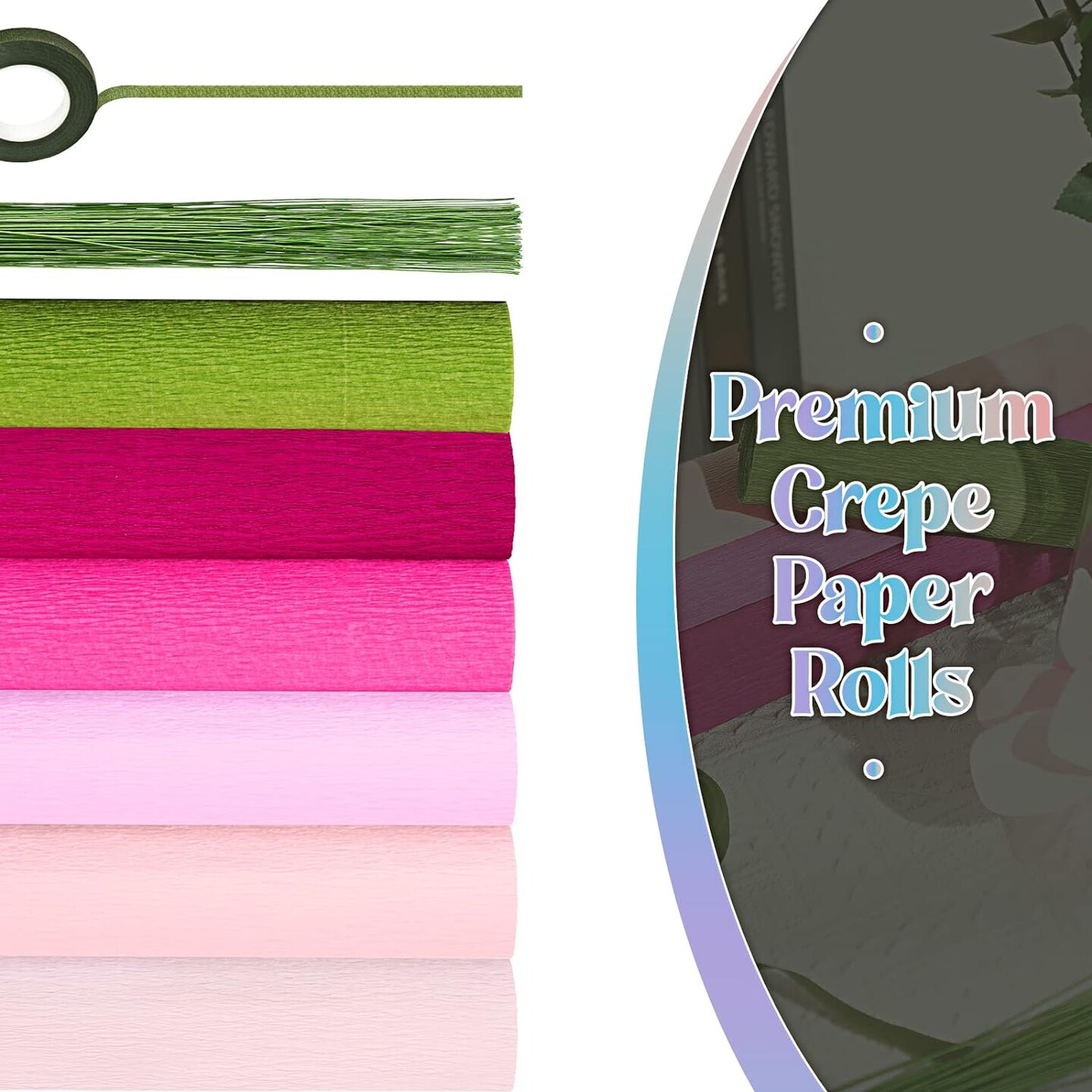57 Pieces Crepe Paper Flower DIY Kits 6 Rolls 35g Crepe Paper Rolls 50 Pcs Floral Iron Wire 1 Roll 50 Meter for Birthday Party Wedding (Pink Series, Green)