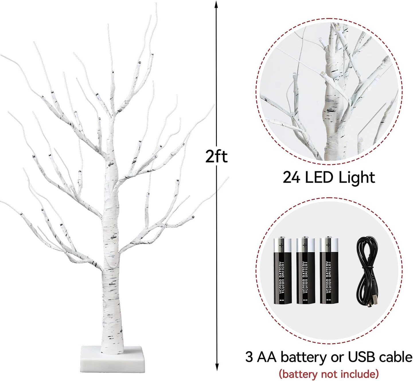 Fourth of July Decorations: 2 Pack 2 FT/24&#x27;&#x27; Birch Tree with 24 LED Warm Lights, Patriotic Tree Indoor Lights Home Decoration,Lighted Up Christmas Trees,Battery Powered Lights for 4th of July Table Home