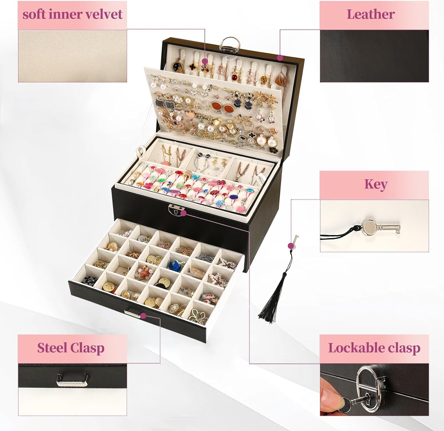 5-Layer Earring Jewelry Box with Lock – Stud, Necklace, Ring Organizer for Women and Girls